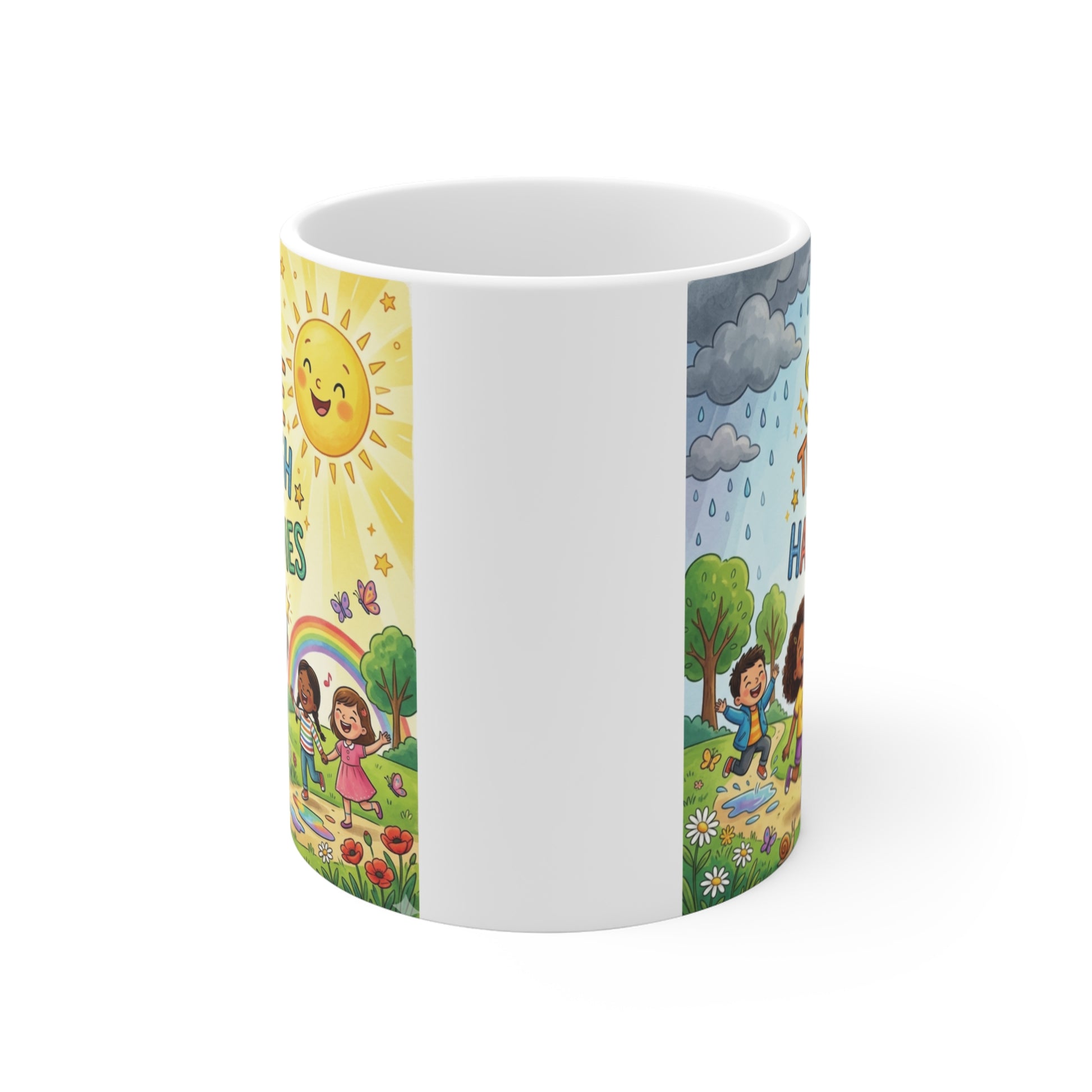 Colorful 11oz ceramic positivity mug featuring sunshine, rainbow, and motivational text