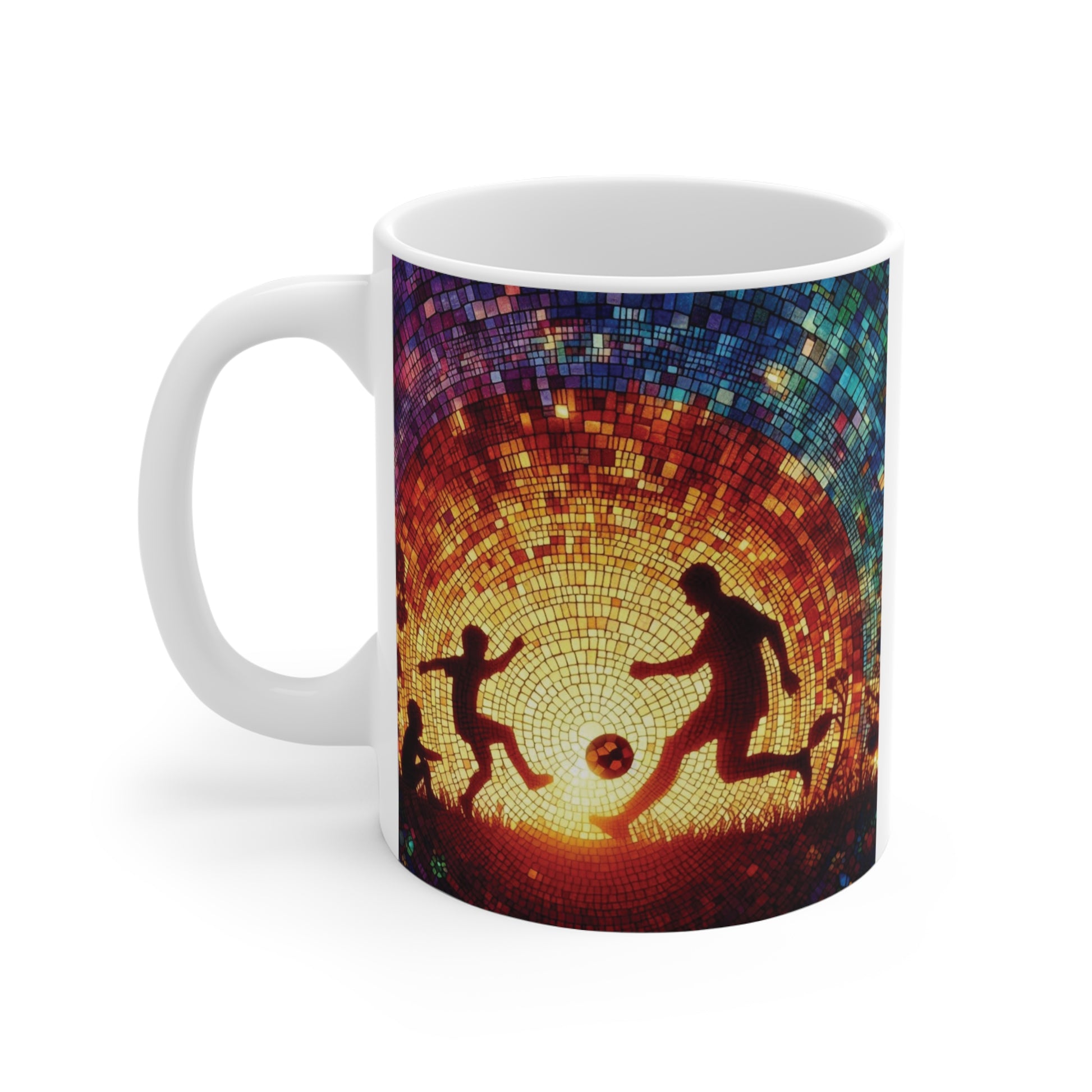 Ceramic coffee mug featuring a stained-glass mosaic design of a father and son playing soccer against a vibrant sunset background.