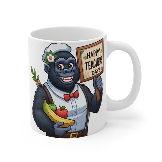 Cute cartoon gorilla holding a Happy Teachers Day sign and fruit on a white ceramic coffee mug, teacher appreciation gift design.