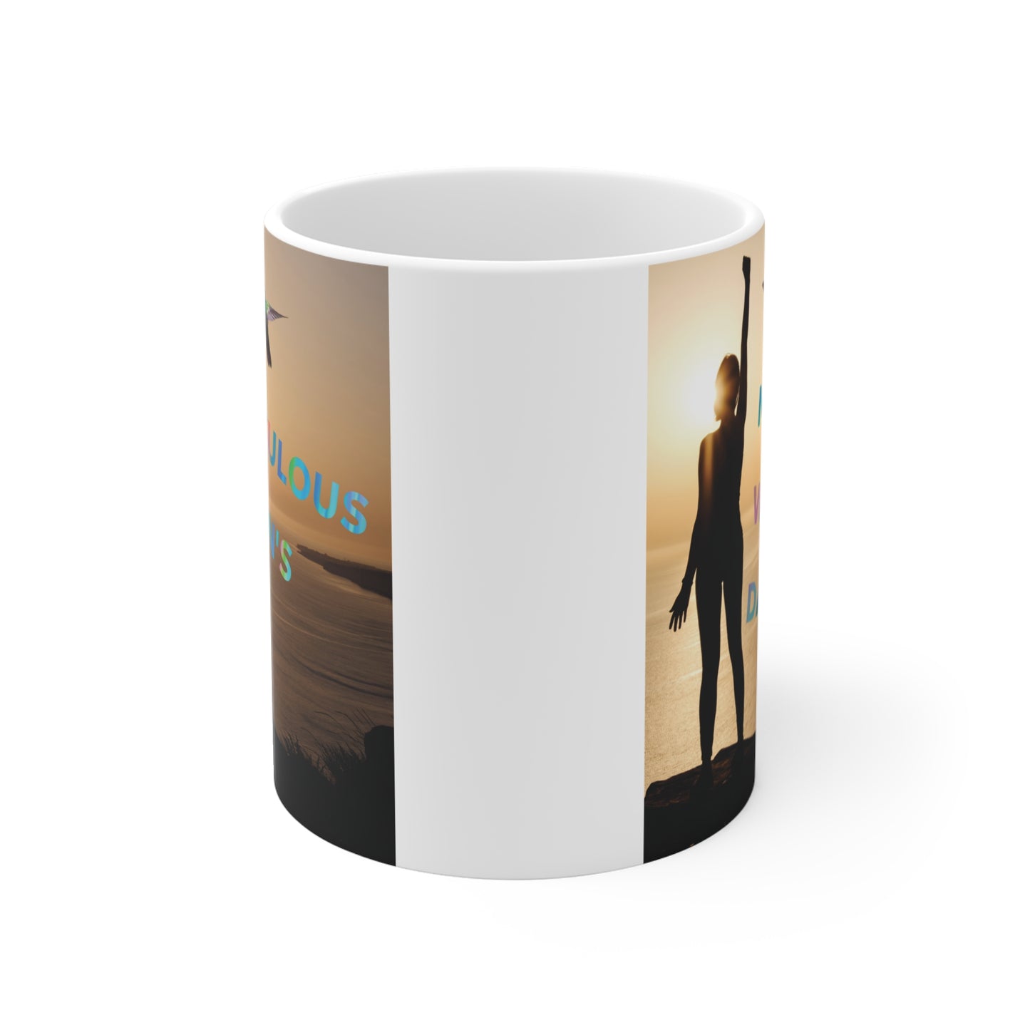 Inspirational coffee mug for Women’s Day featuring sunset scene, female silhouette and colorful typography