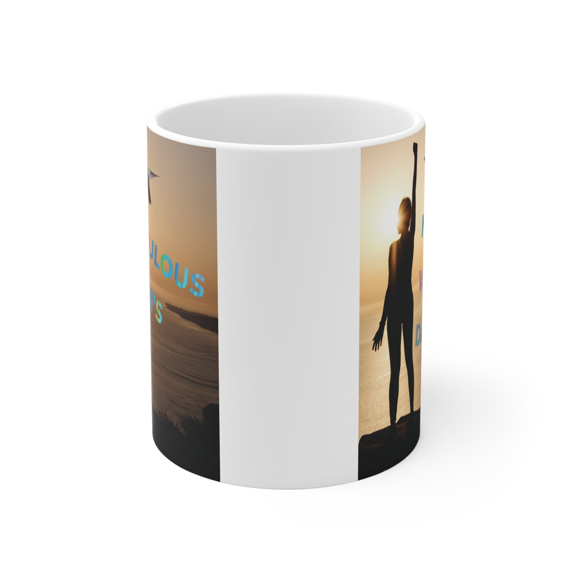 Inspirational coffee mug for Women’s Day featuring sunset scene, female silhouette and colorful typography