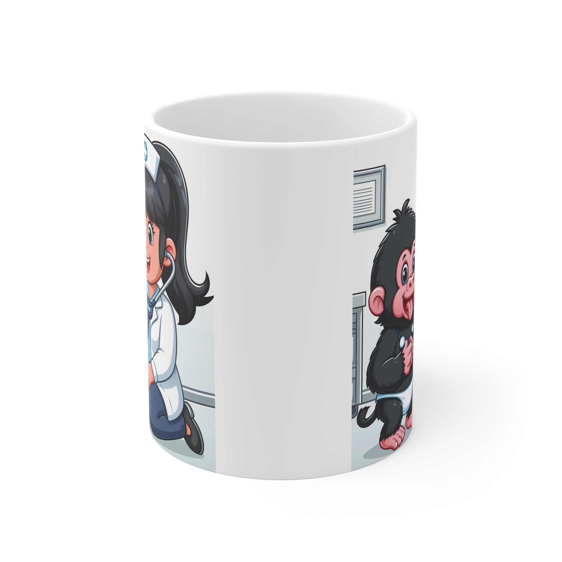 Adorable cartoon nurse checking baby gorilla with stethoscope printed on white mug – unique nurse appreciation mug for hospital workers