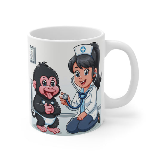 Cute nurse and baby gorilla cartoon on 11oz white ceramic mug – funny healthcare coffee cup gift for nurses and medical staff