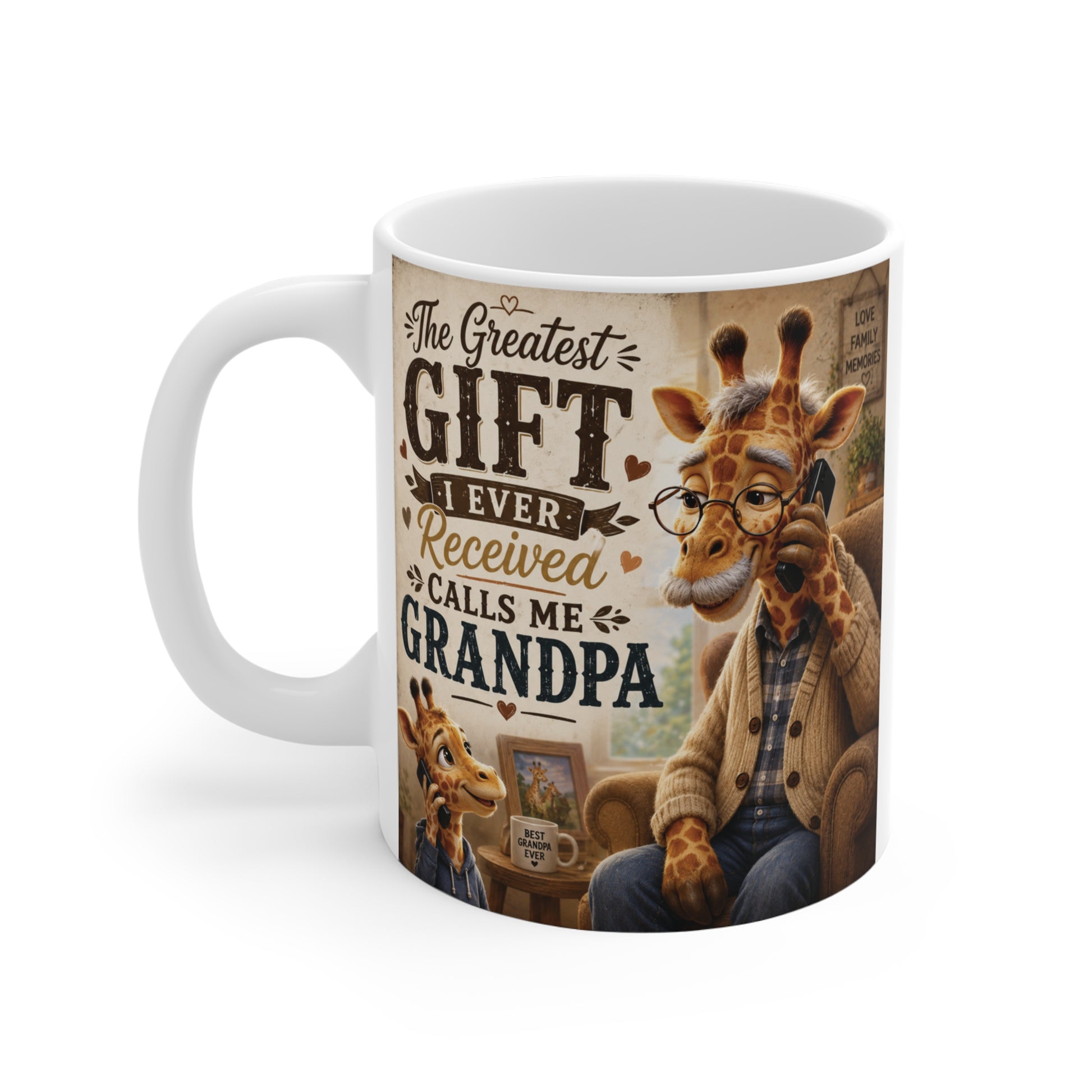 Heartwarming grandpa mug showing a giraffe grandfather talking with his grandchild, featuring inspirational grandparent quote on an 11oz ceramic coffee cup.