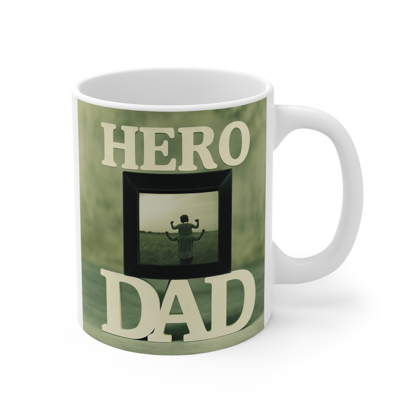 Green Hero Dad 11oz ceramic coffee mug with silhouette artwork