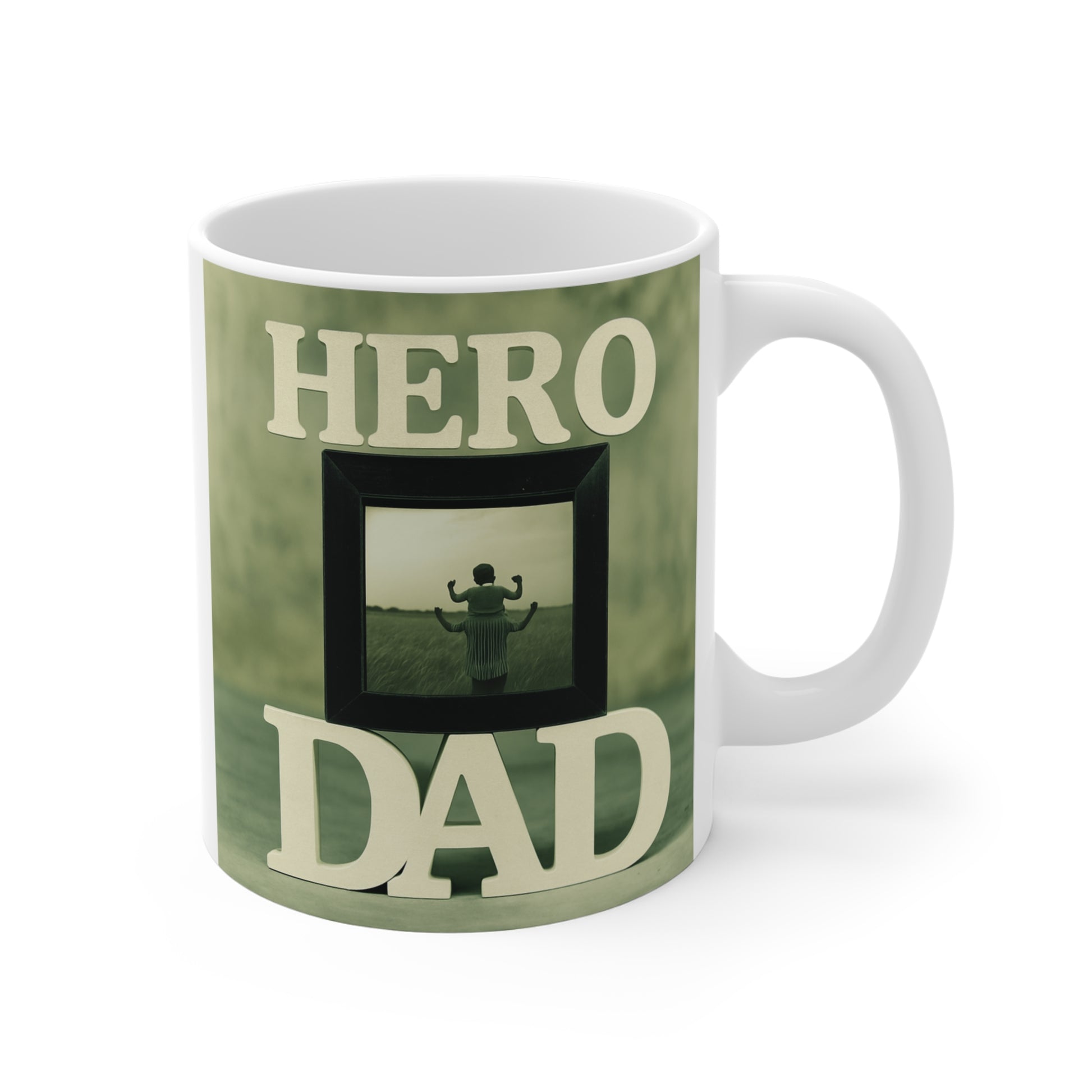 Green Hero Dad 11oz ceramic coffee mug with silhouette artwork