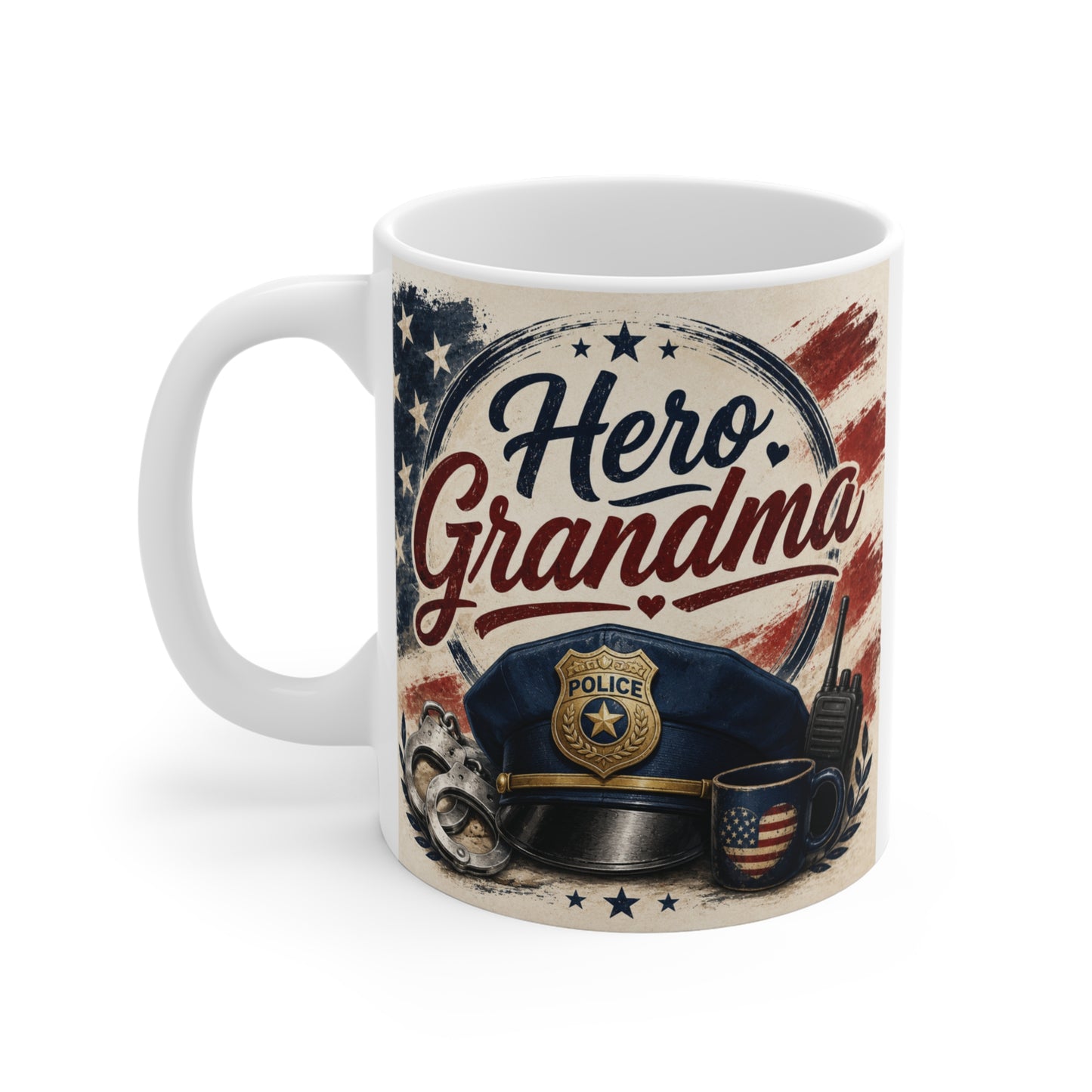 Patriotic Hero Grandma coffee mug gift for police grandmothers and law enforcement families.
