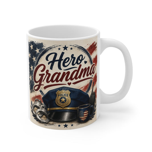 Hero Grandma patriotic police cap ceramic coffee mug with vintage American flag design.