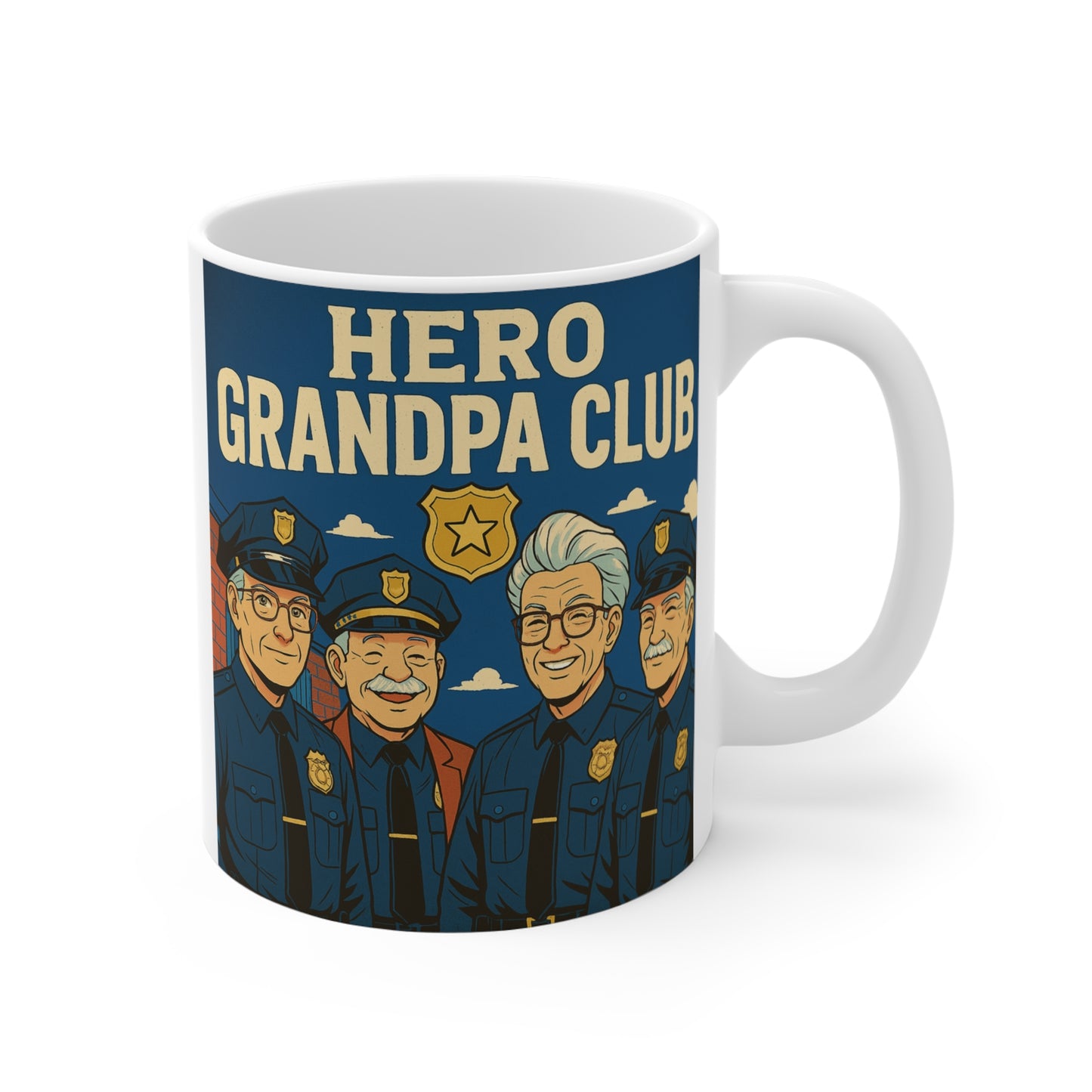 Hero Grandpa Club coffee mug featuring illustrated retired police officer grandfathers in vintage uniform design on an 11oz ceramic mug.