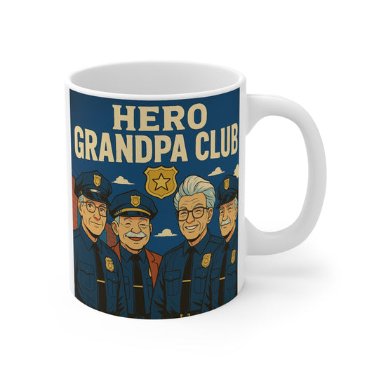 Hero Grandpa Club coffee mug featuring illustrated retired police officer grandfathers in vintage uniform design on an 11oz ceramic mug.
