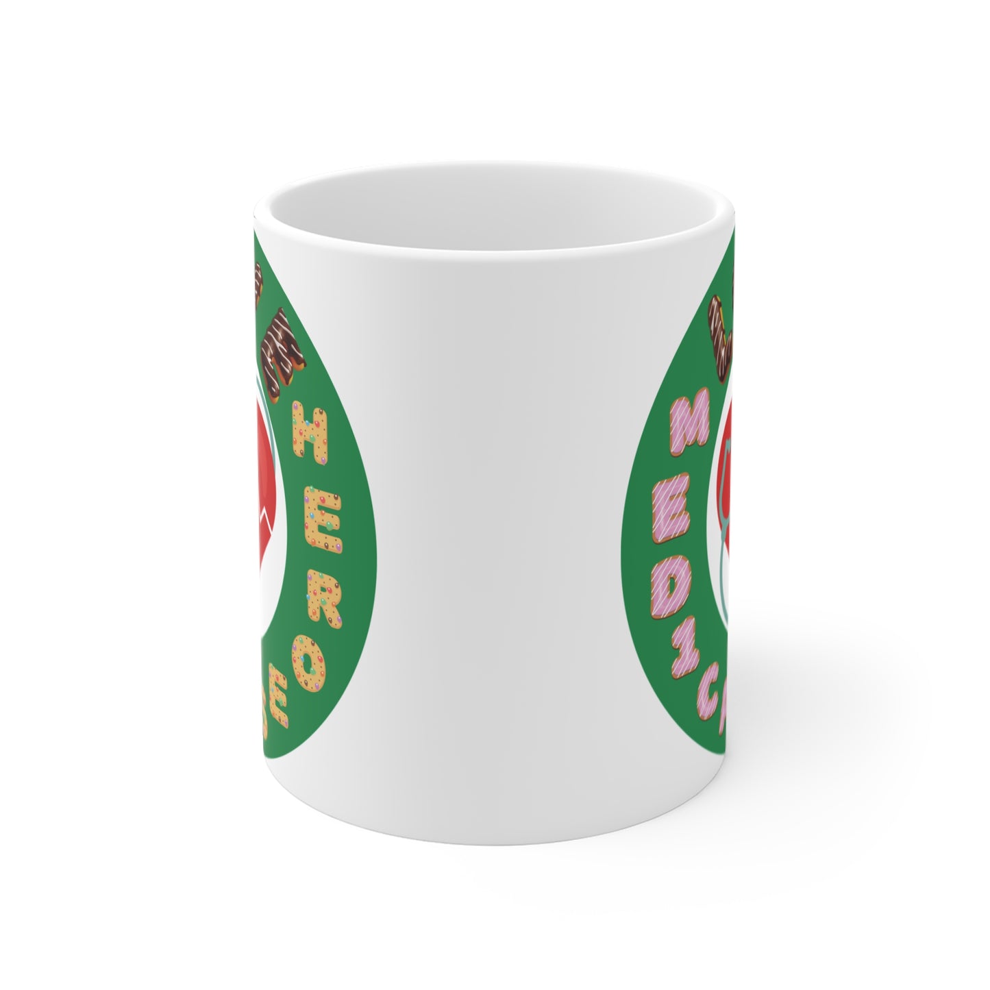Healthcare appreciation mug with stethoscope heart graphic and colorful lettering, perfect gift for medical professionals