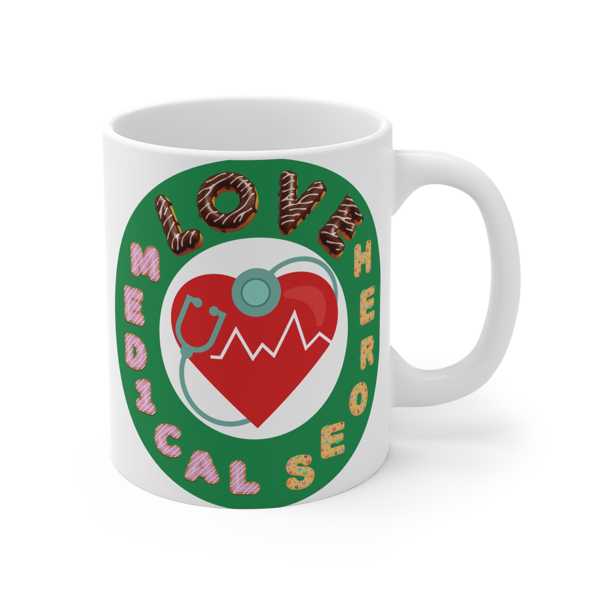 Medical themed coffee mug featuring heart monitor and “Love Medical Hero” text, gift for nurses and doctors
