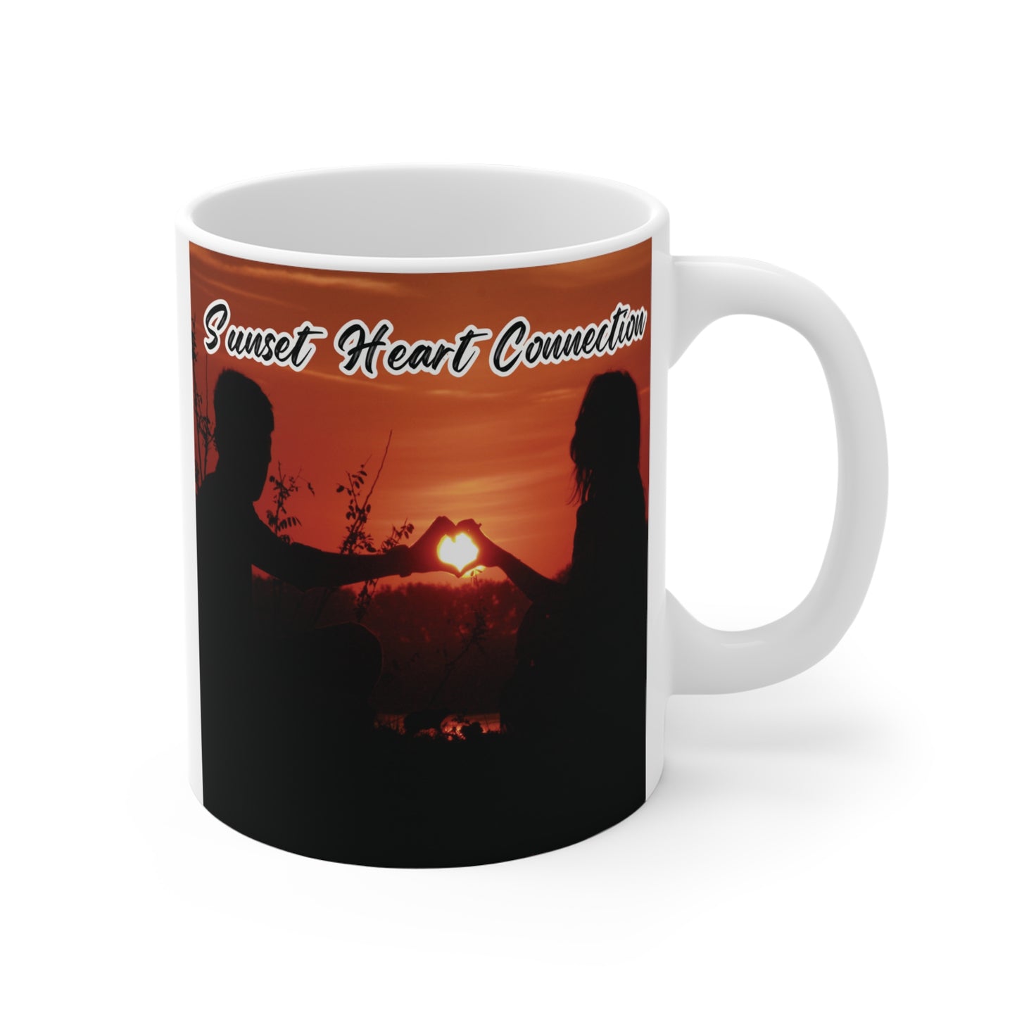 Romantic coffee mug featuring couple at sunset holding hands in heart shape, “Sunset Heart Connection” design