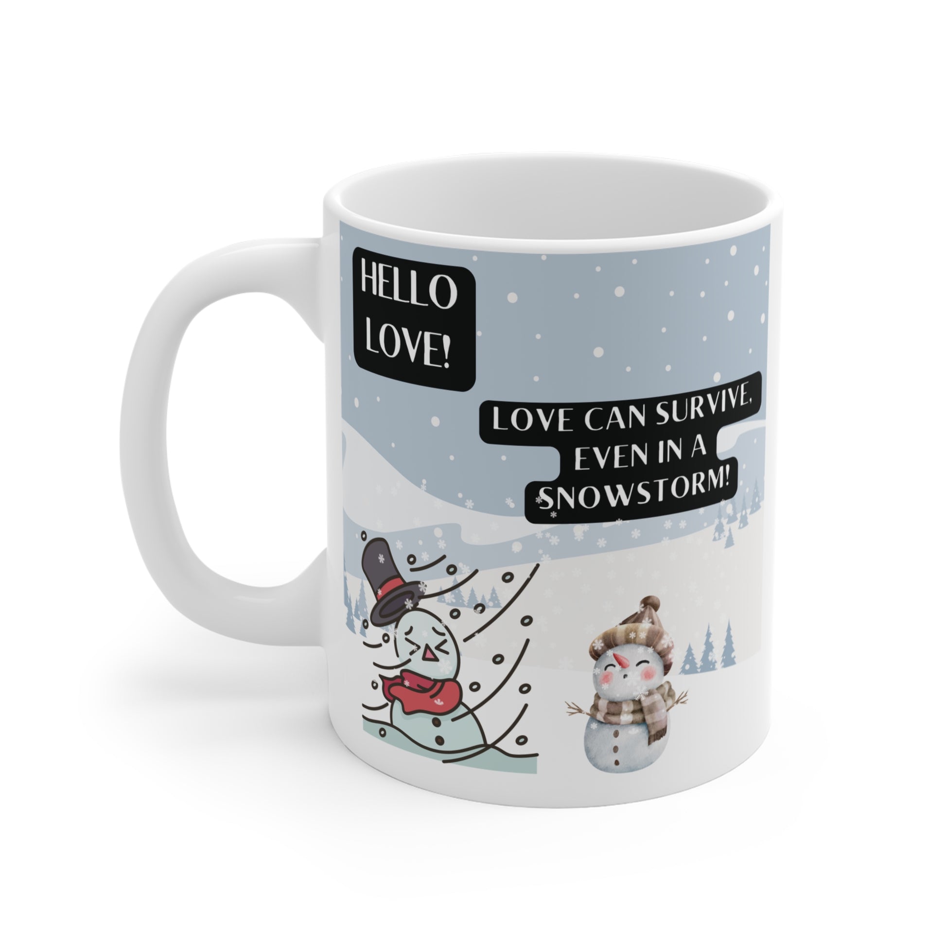 Winter-themed coffee mug featuring cartoon snowmen in snowstorm with ‘Hello Love’ message and cozy holiday design