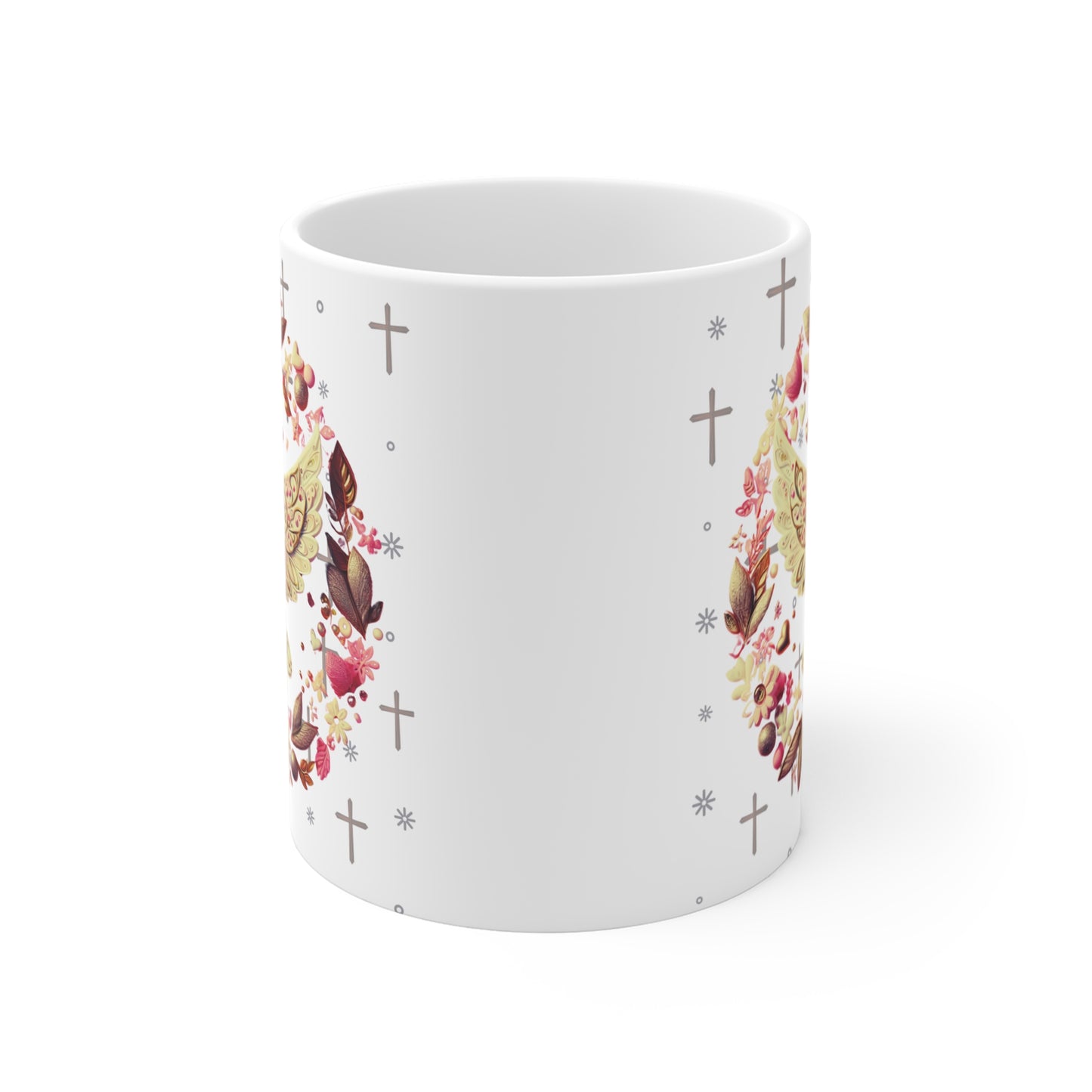 Religious coffee mug featuring golden dove with heart, surrounded by flowers, leaves, and cross pattern on white background