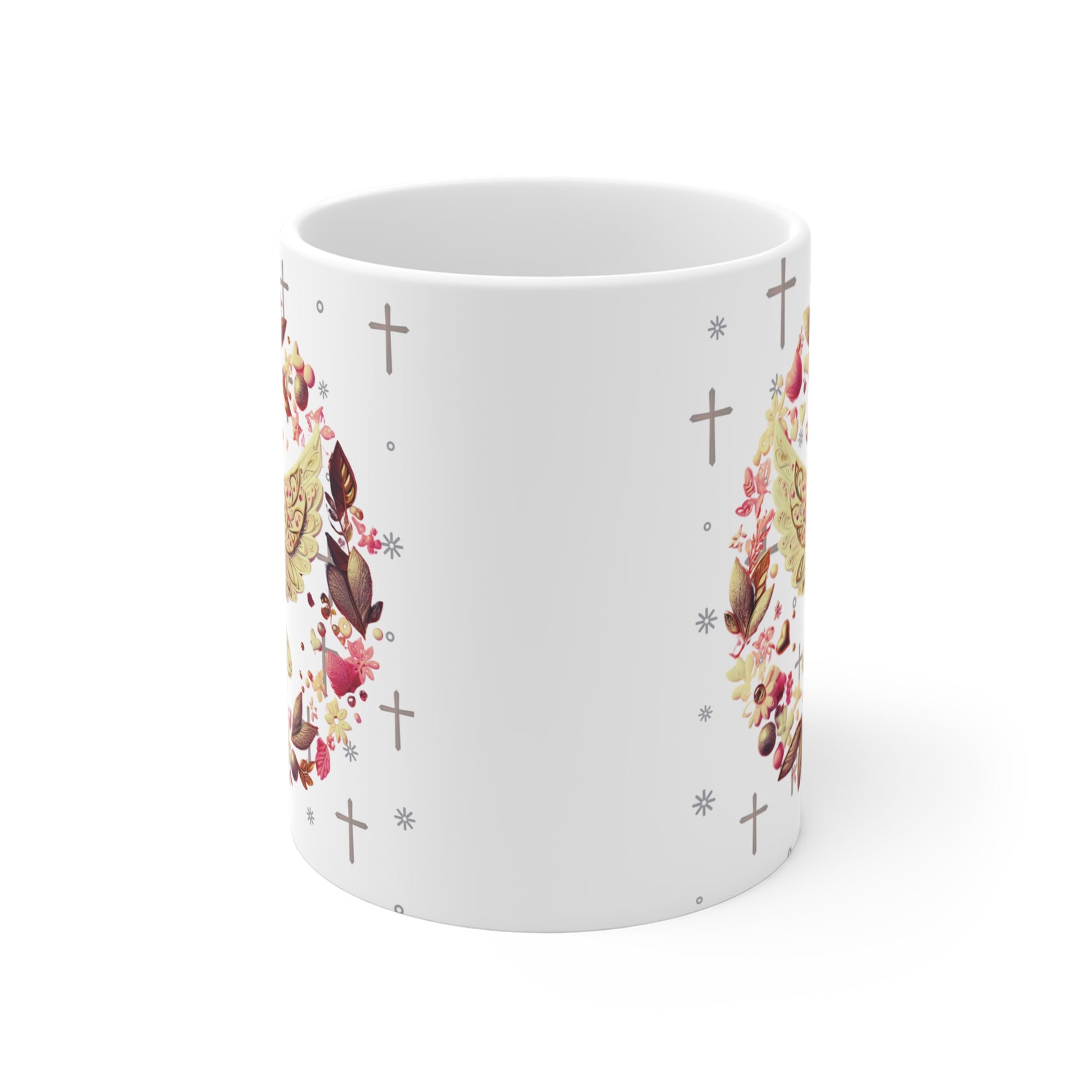 Religious coffee mug featuring golden dove with heart, surrounded by flowers, leaves, and cross pattern on white background