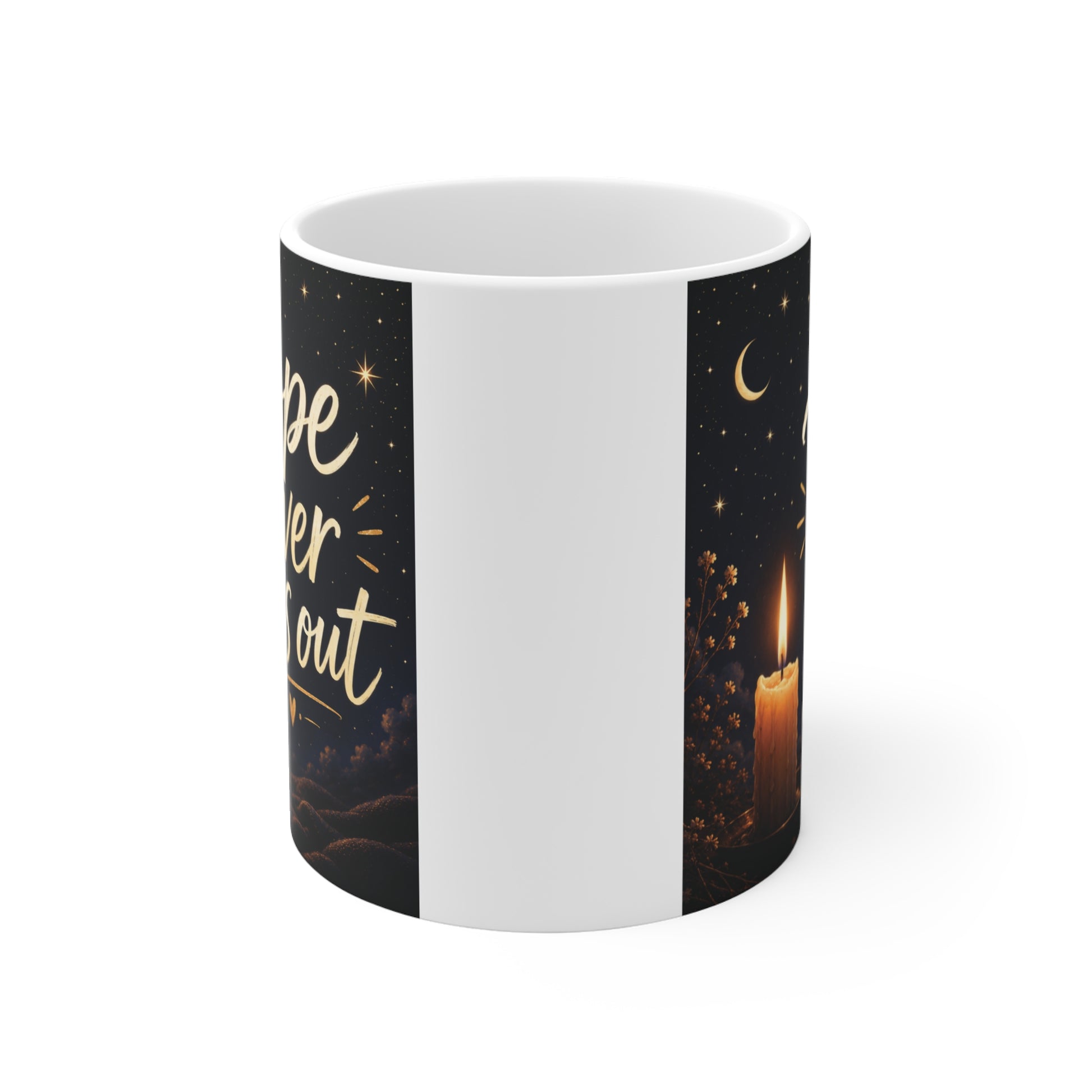 Coffee mug featuring candlelight design and uplifting “Hope Never Goes Out” inspirational text