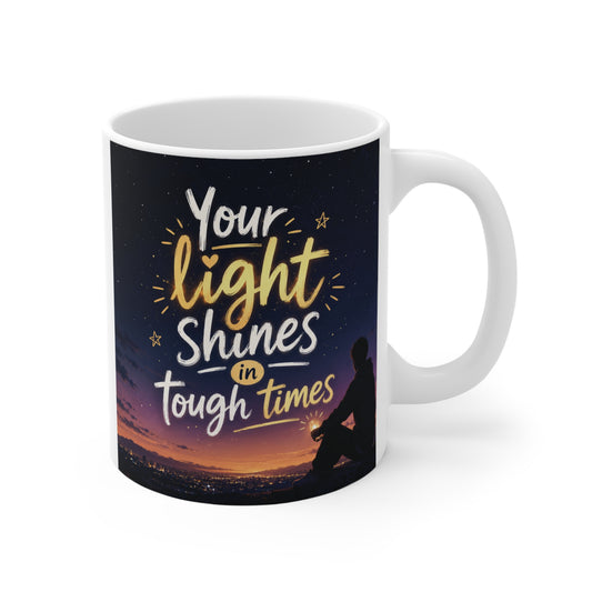 Inspirational 11oz mug with quote Your Light Shines in Tough Times against a sunset night sky background