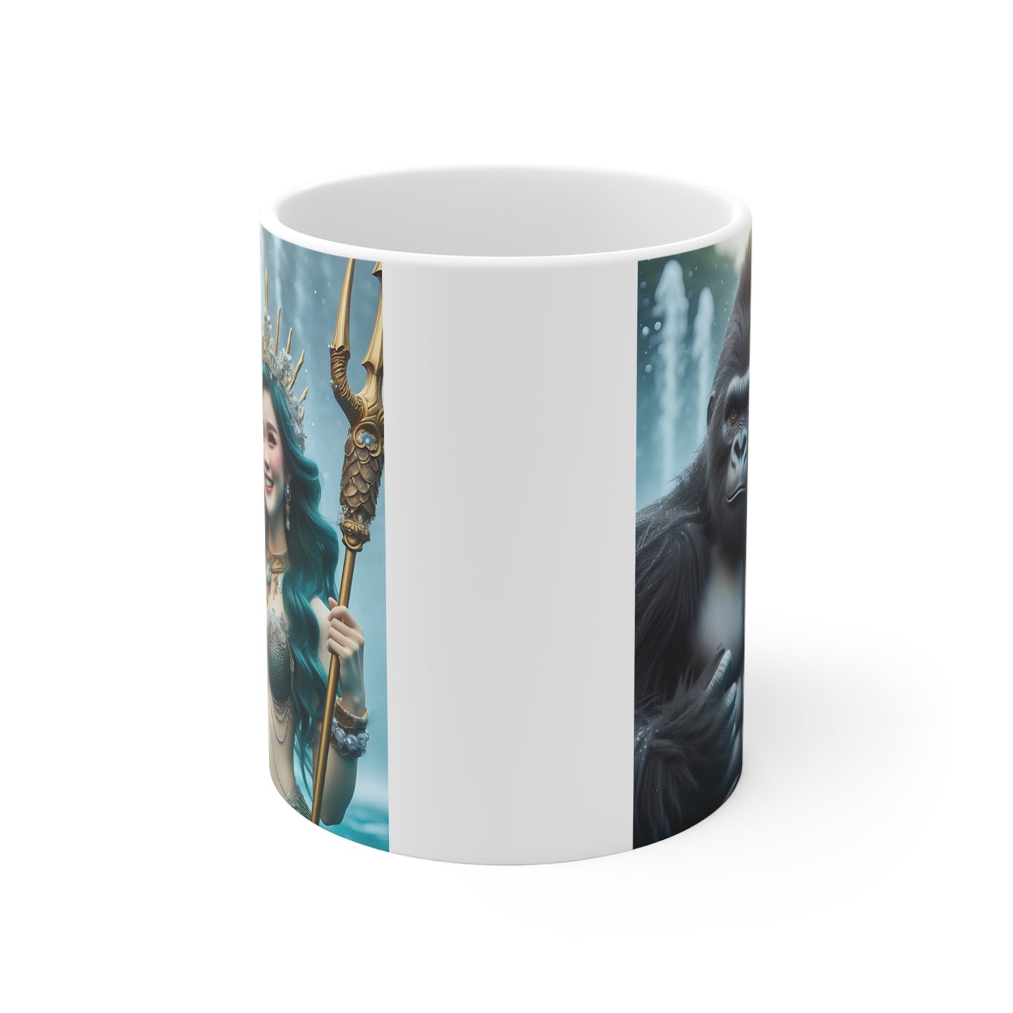Enchanting fantasy mug with muscular gorilla and beautiful sea queen illustration, detailed underwater-inspired design on a white ceramic coffee cup.