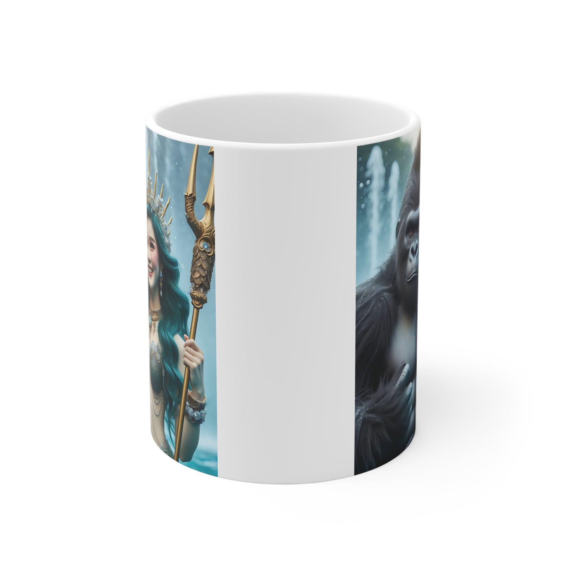 Enchanting fantasy mug with muscular gorilla and beautiful sea queen illustration, detailed underwater-inspired design on a white ceramic coffee cup.