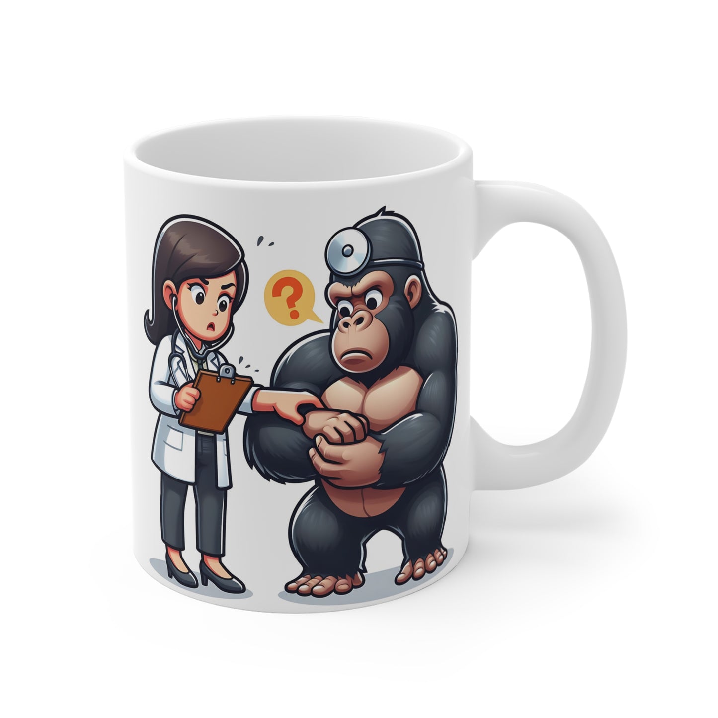 Funny doctor gorilla mug design, cartoon nurse examining confused gorilla patient illustration, humorous medical gift idea