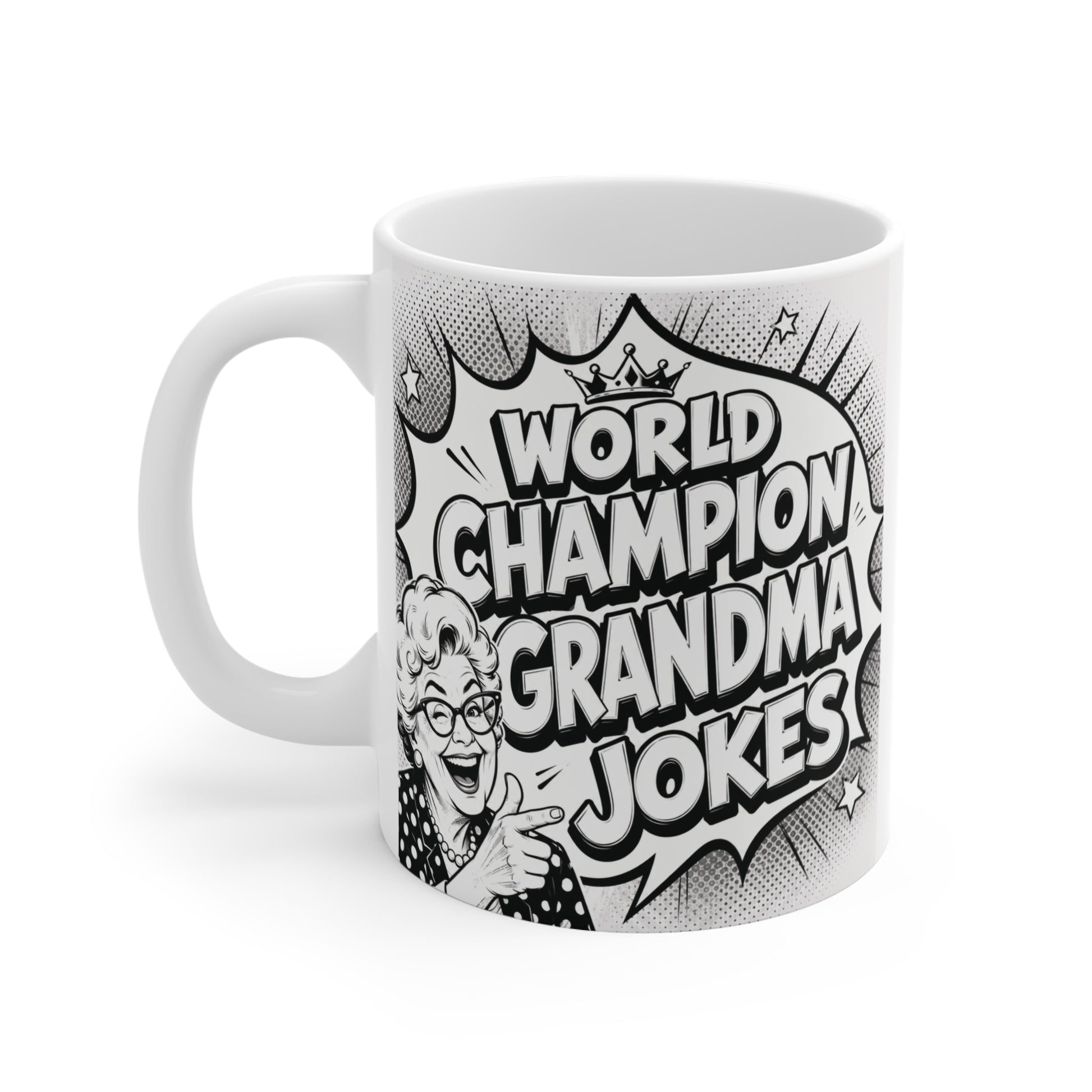 Black-and-white comic-style 11oz ceramic mug displaying the quote "World Champion Grandma Jokes" with a smiling grandmother illustration, ideal for coffee or tea.