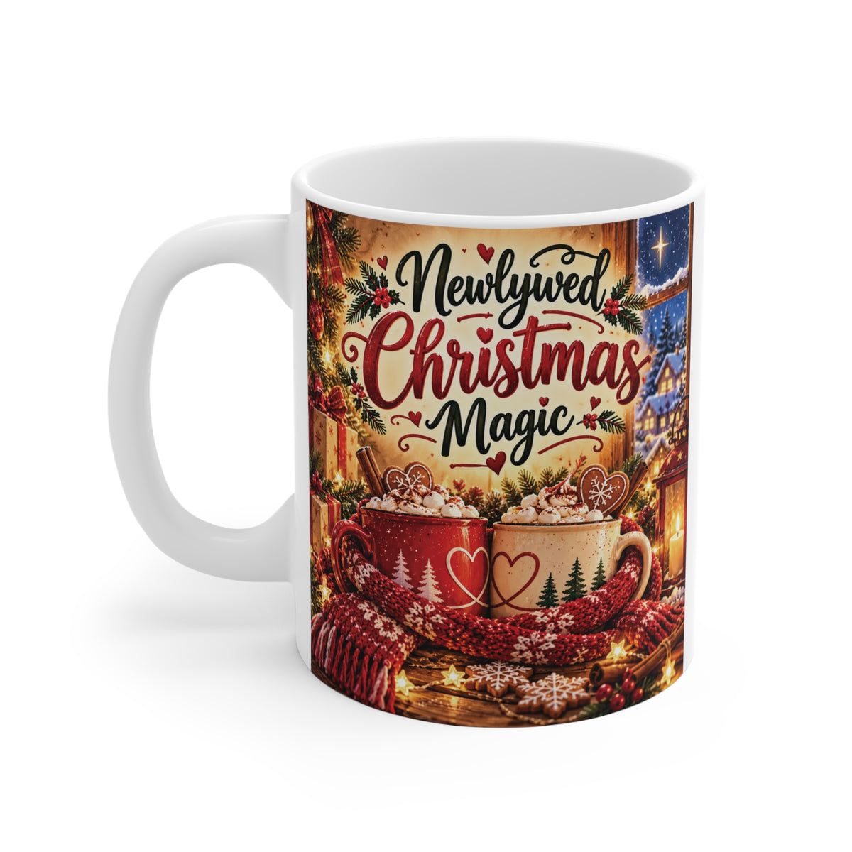 Romantic Newlywed Christmas Magic coffee mug with festive holiday design, two cocoa mugs wrapped in a knitted scarf, Christmas lights and snowy scenery.