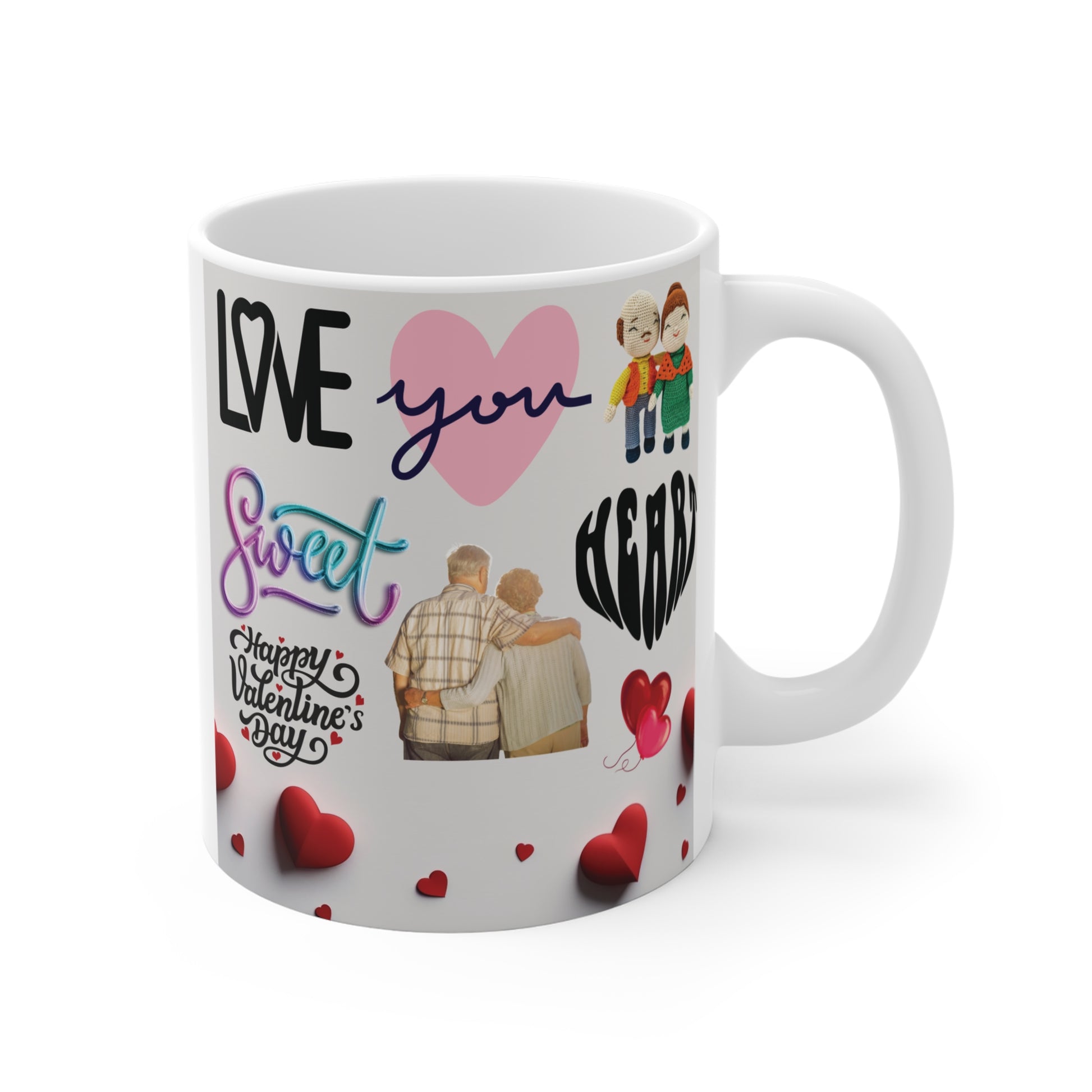 Love you sweetheart Valentine mug with hearts and elderly couple design, romantic gift for her or him