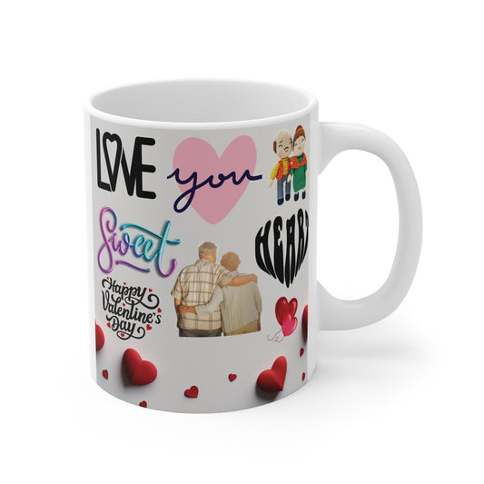 Love you sweetheart Valentine mug with hearts and elderly couple design, romantic gift for her or him