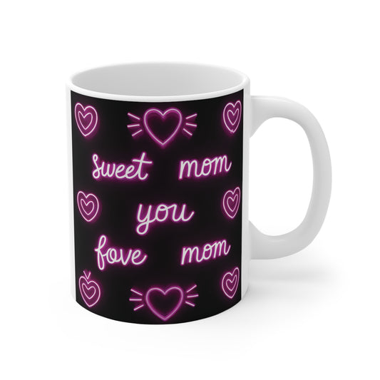 Sweet mom neon heart 11oz coffee mug with pink glowing hearts on black background, gift for Mother’s Day