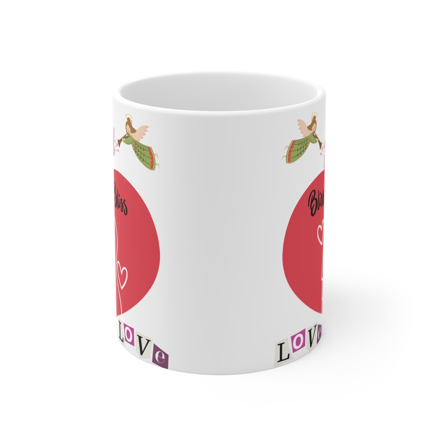 Romantic coffee mug with love-themed design showing couple in heart, angel illustrations, and words 'Bliss' and 'Love' on white cup.