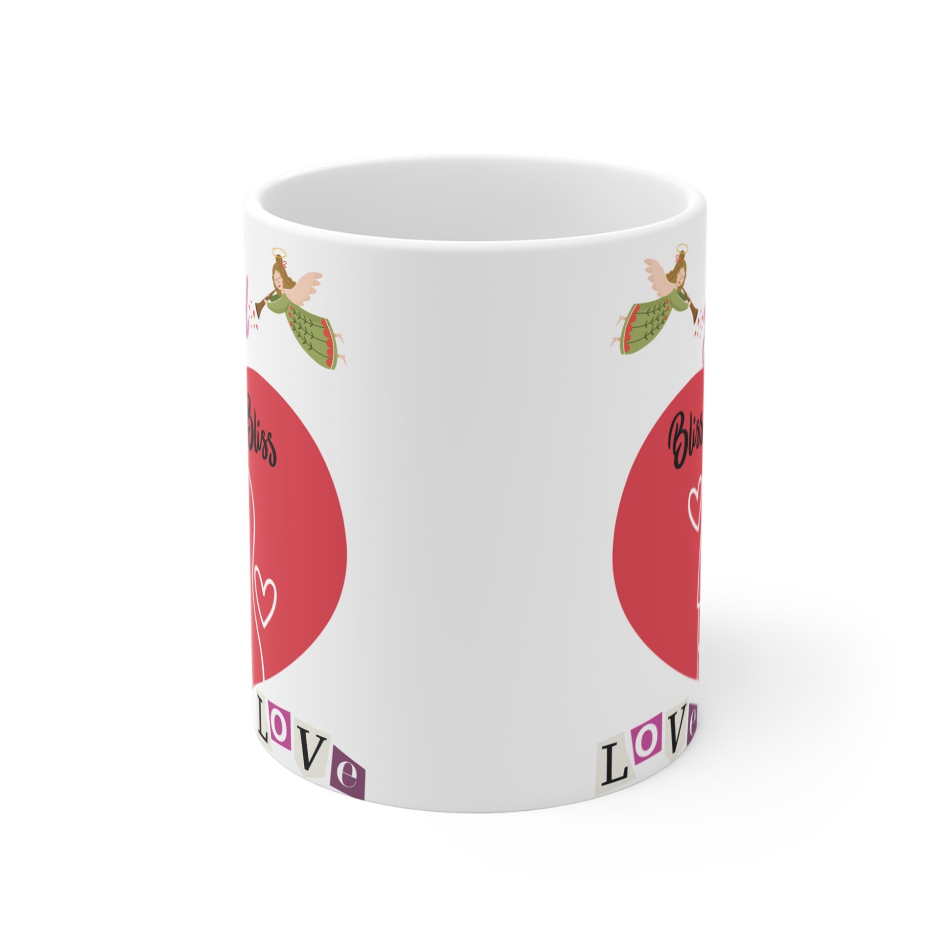 Romantic coffee mug with love-themed design showing couple in heart, angel illustrations, and words 'Bliss' and 'Love' on white cup.