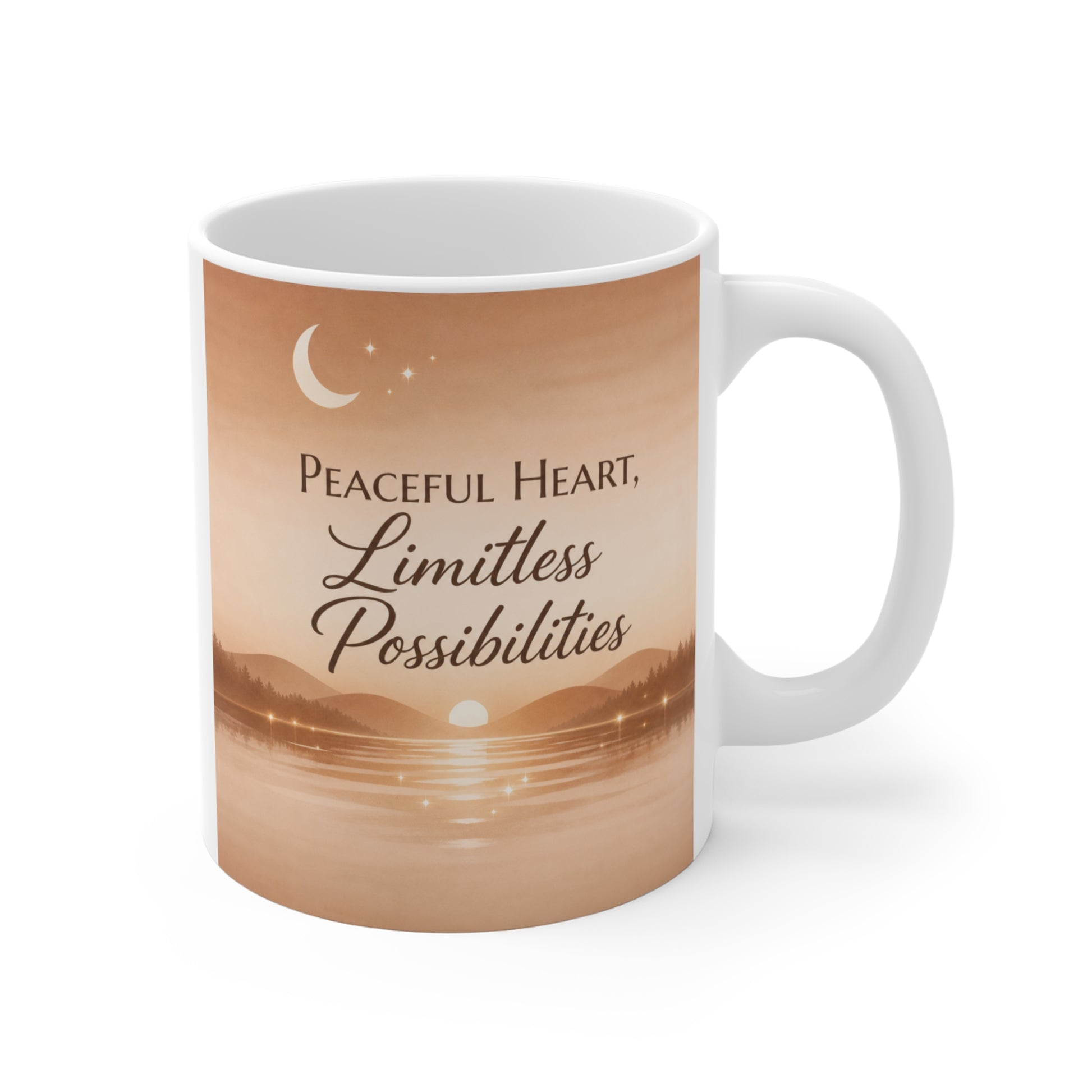 11oz ceramic mug with peaceful heart limitless possibilities quote and warm sunrise design, inspirational mindfulness coffee cup