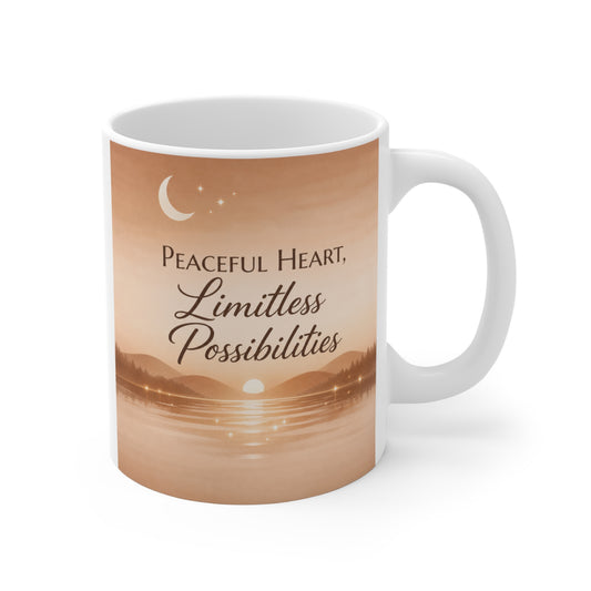 11oz ceramic mug with peaceful heart limitless possibilities quote and warm sunrise design, inspirational mindfulness coffee cup
