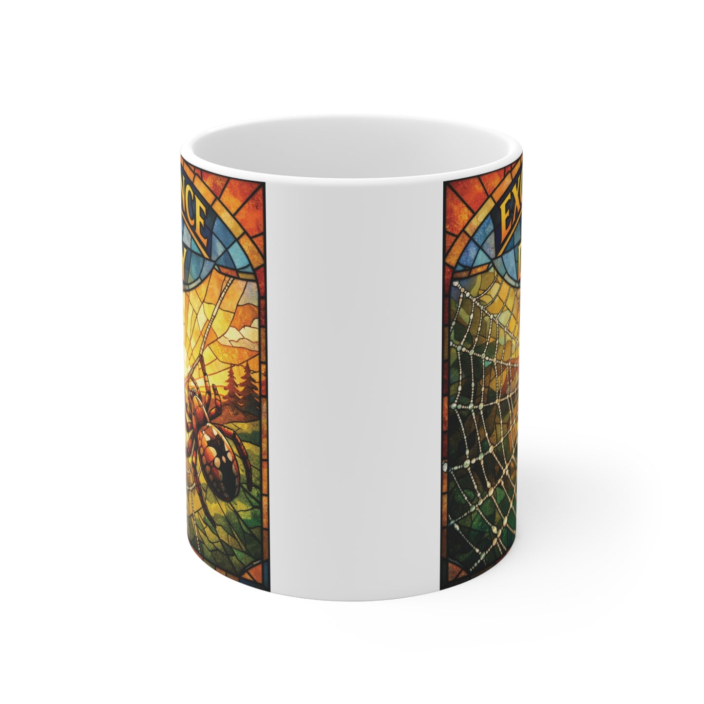 Motivational Excellence Is Built Daily coffee mug with colorful mosaic spider web artwork, 11oz ceramic mug for office desk, productivity, personal growth, and daily inspiration.