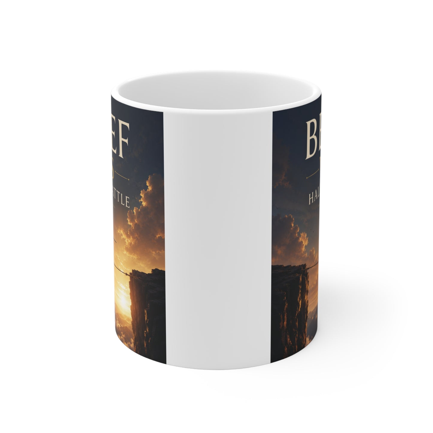 Inspirational ceramic mug with belief and success message, showcasing a silhouette walking a tightrope between cliffs