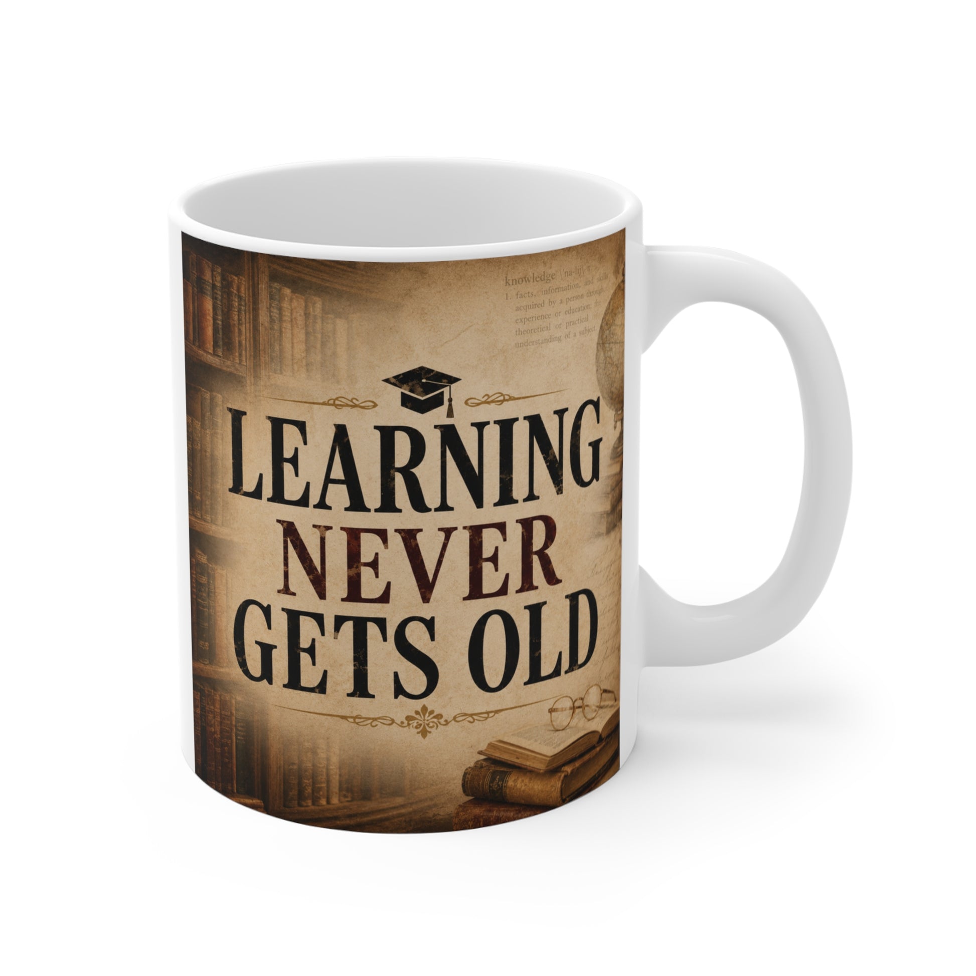 Vintage 11oz ceramic coffee mug featuring the quote "Learning Never Gets Old" with a classic library-inspired design, ideal for teachers, readers, and lifelong learners.
