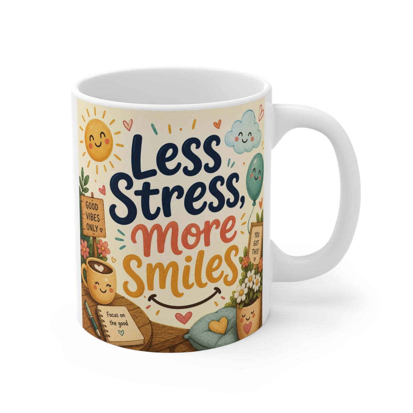 11oz ceramic coffee mug with colorful Less Stress More Smiles quote design, inspirational gift for coffee and tea lovers.
