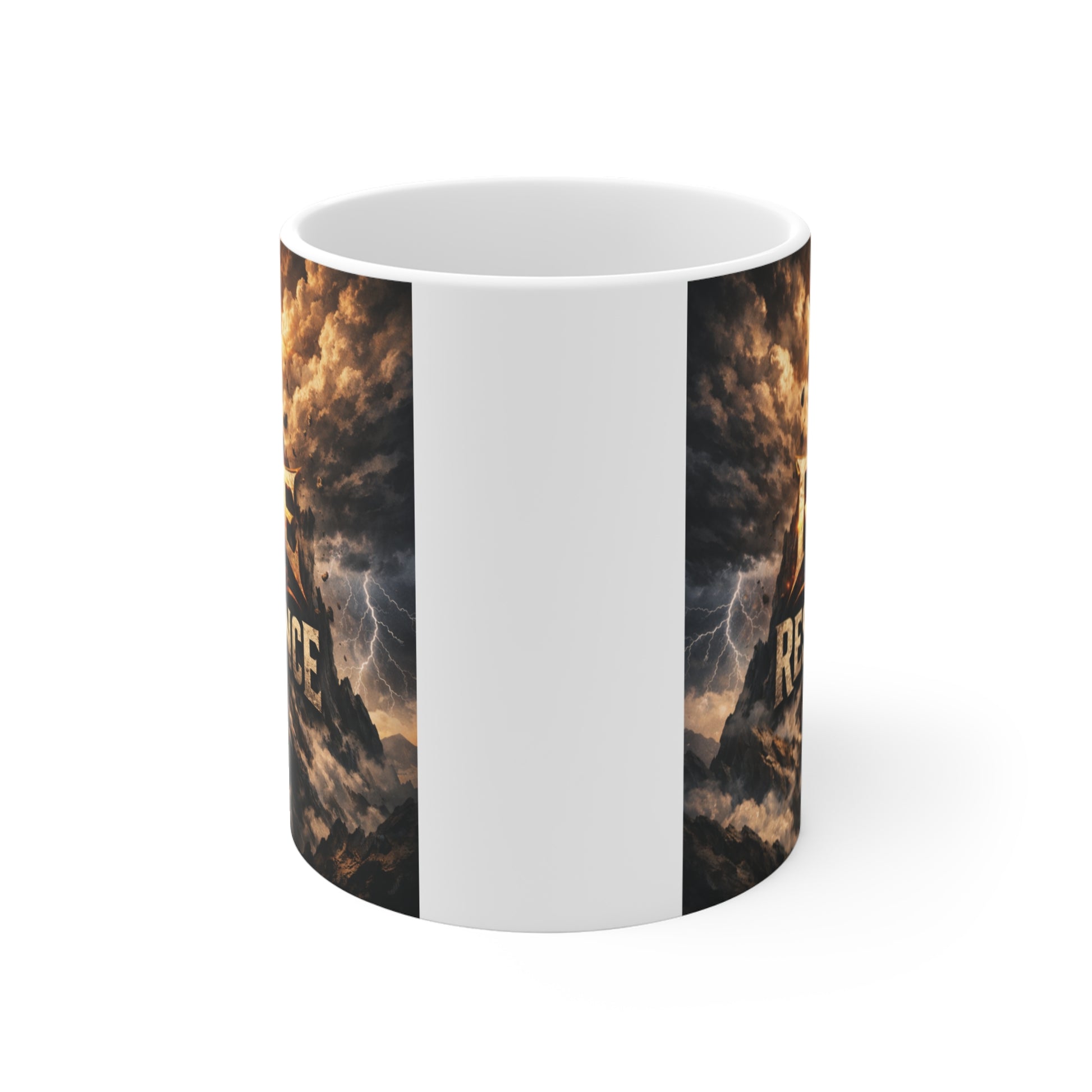 Inspirational Rise Through Resistance coffee mug featuring bold fantasy-style design