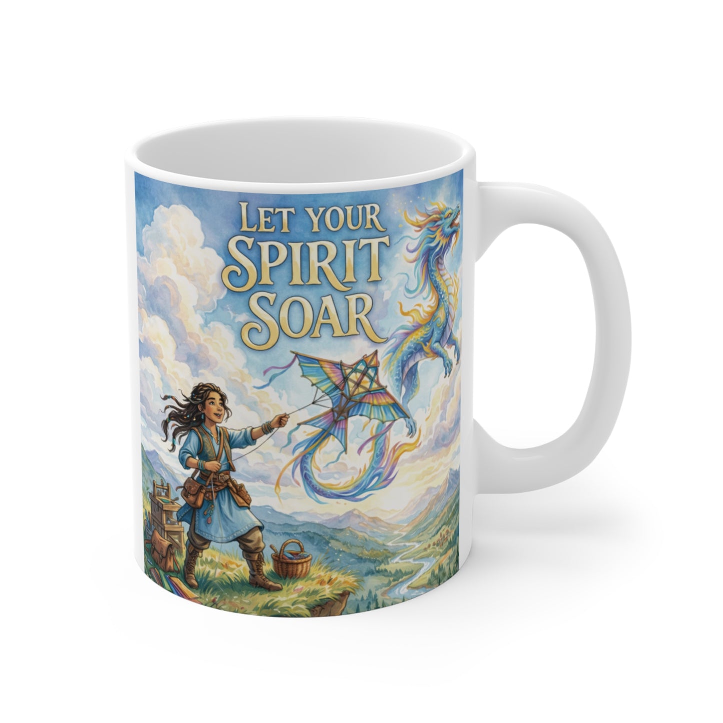 Fantasy watercolor dragon kite coffee mug with inspirational quote Let Your Spirit Soar