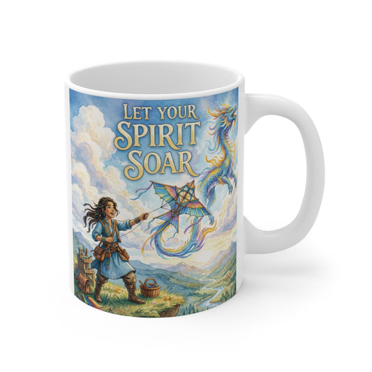 Fantasy watercolor dragon kite coffee mug with inspirational quote Let Your Spirit Soar
