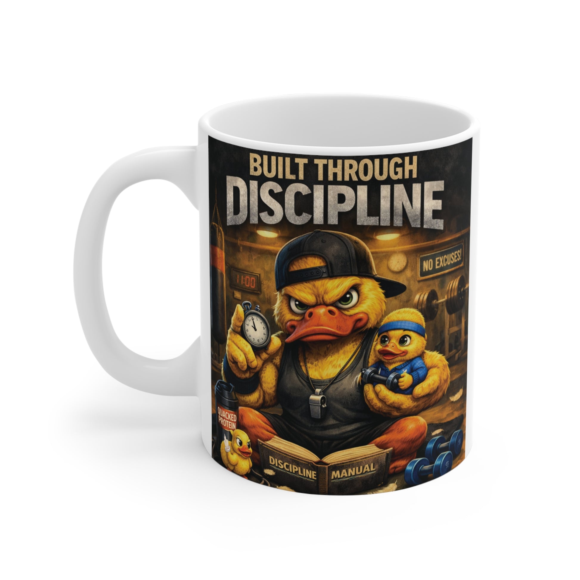 Inspirational Built Through Discipline coffee mug featuring a fierce duck character in vintage-style artwork, ideal gift for martial artists, fitness enthusiasts, entrepreneurs, and anyone pursuing success.