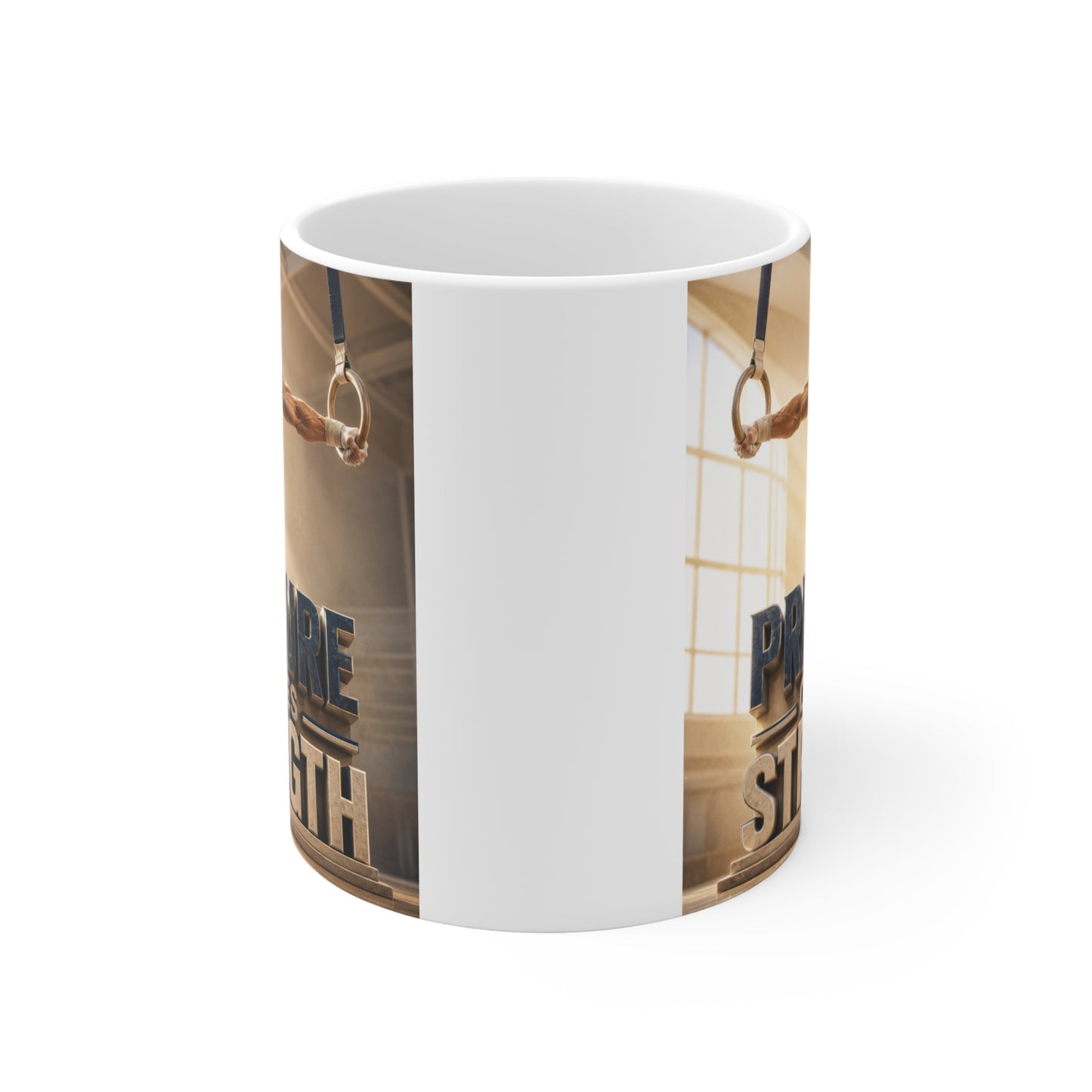 Inspirational gymnastics coffee mug with athlete artwork and Pressure Creates Strength design.