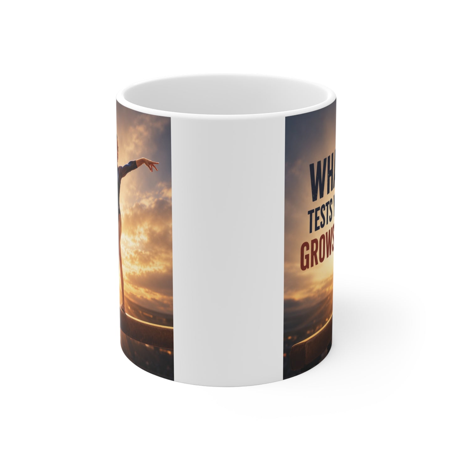 Motivational 11oz ceramic mug for gymnasts and athletes with an uplifting resilience quote and artistic sports design.