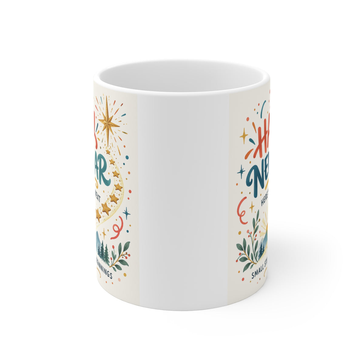 Inspirational Happy New Year coffee mug with colorful lettering, golden stars and Small Steps Bright Beginnings message.