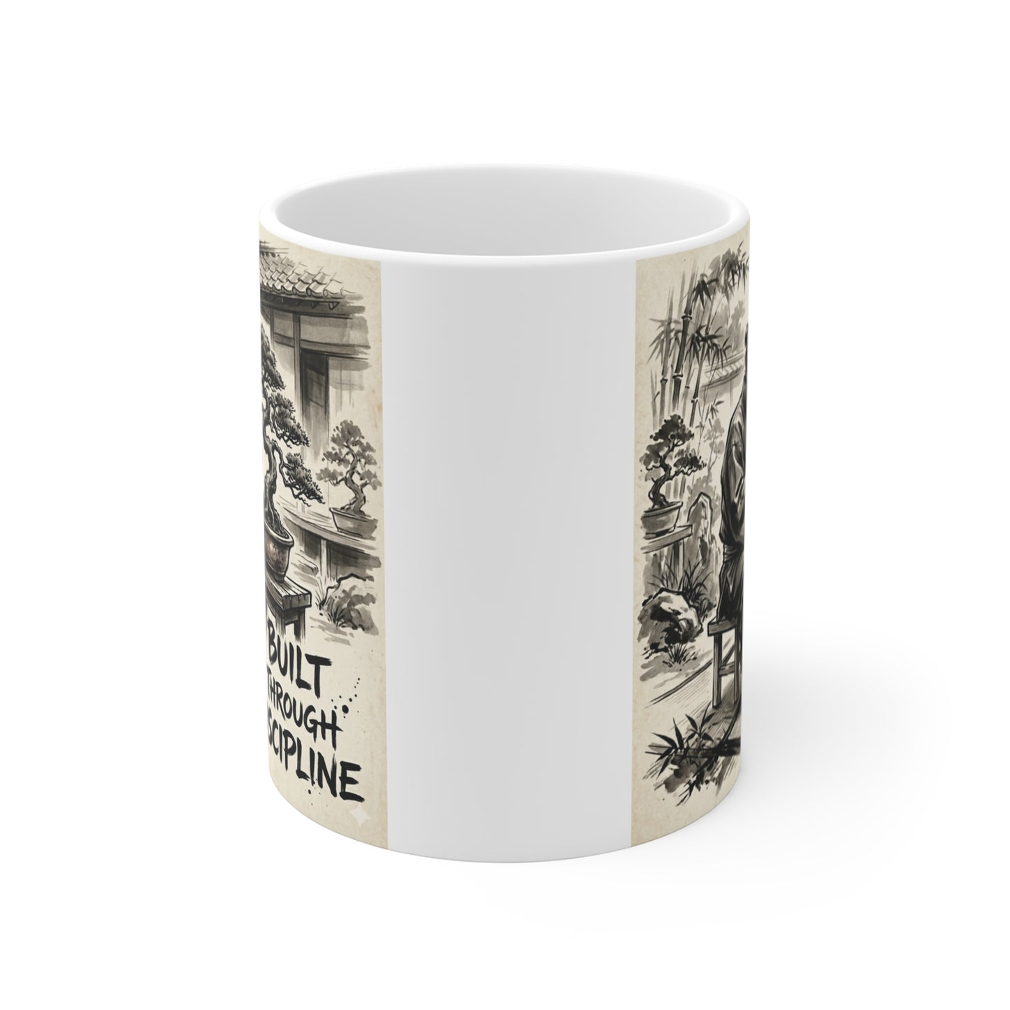 Inspirational coffee mug with bonsai tree and Built Through Discipline motivational quote.