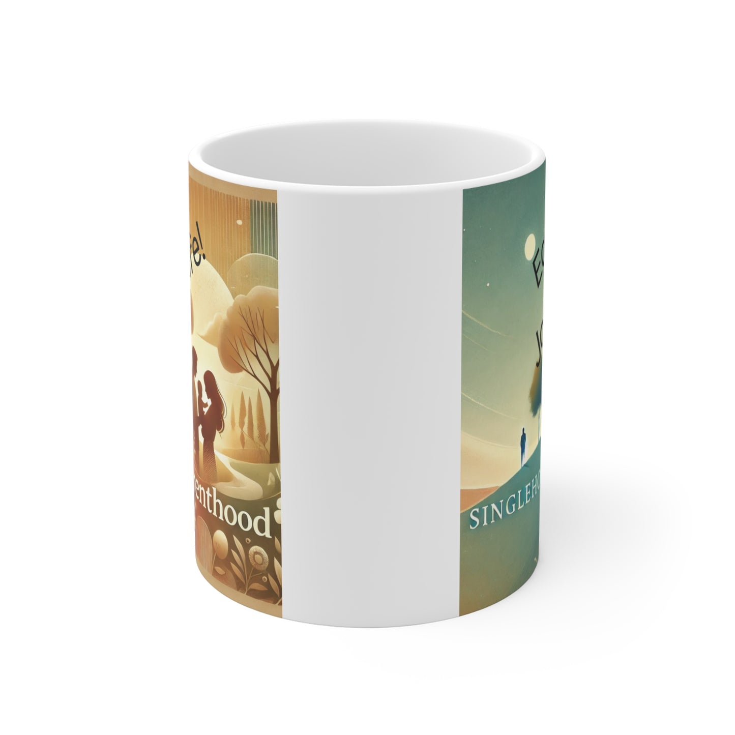 White ceramic mug featuring split design of singlehood and parenthood with silhouettes, trees, and text 'Equally Joyful Life!