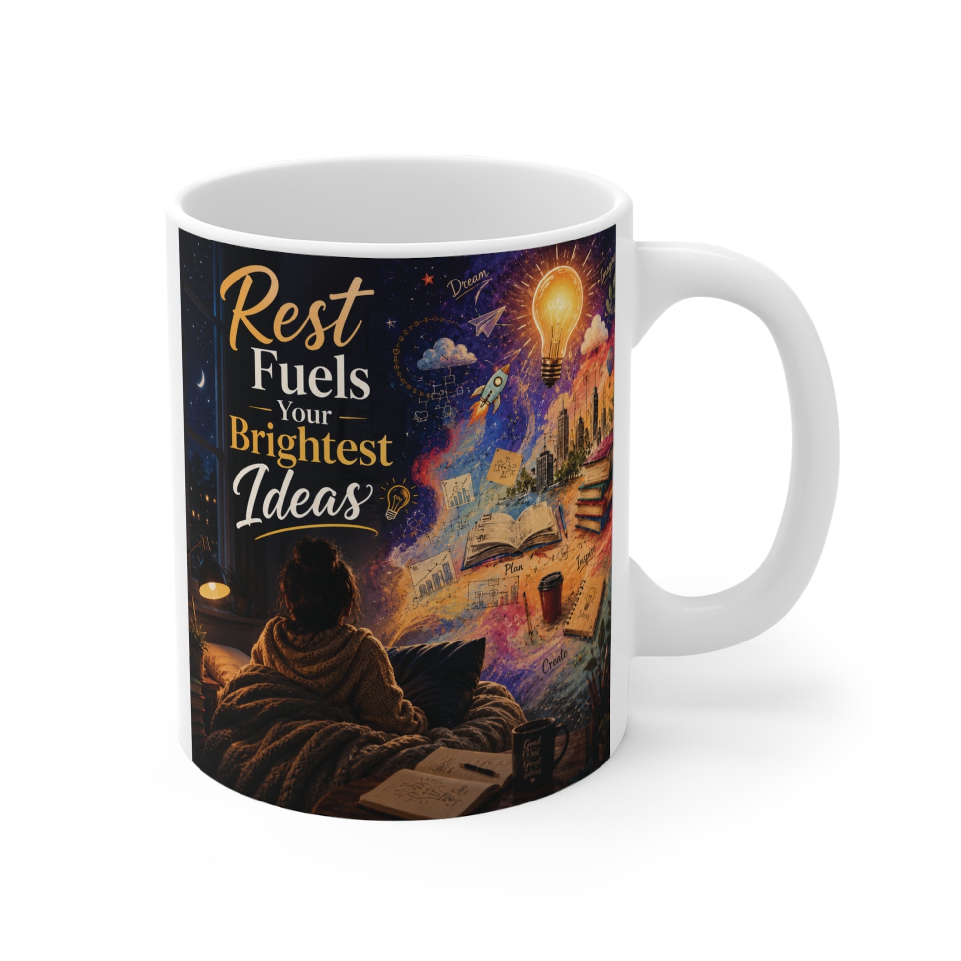 11oz ceramic coffee mug featuring the inspirational quote "Rest Fuels Your Brightest Ideas" with colorful dreamlike artwork and creative landscape design.