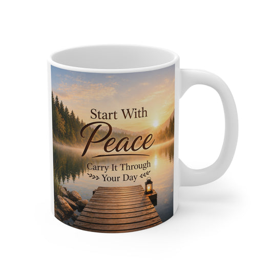 Inspirational Start With Peace mug with sunrise lake design