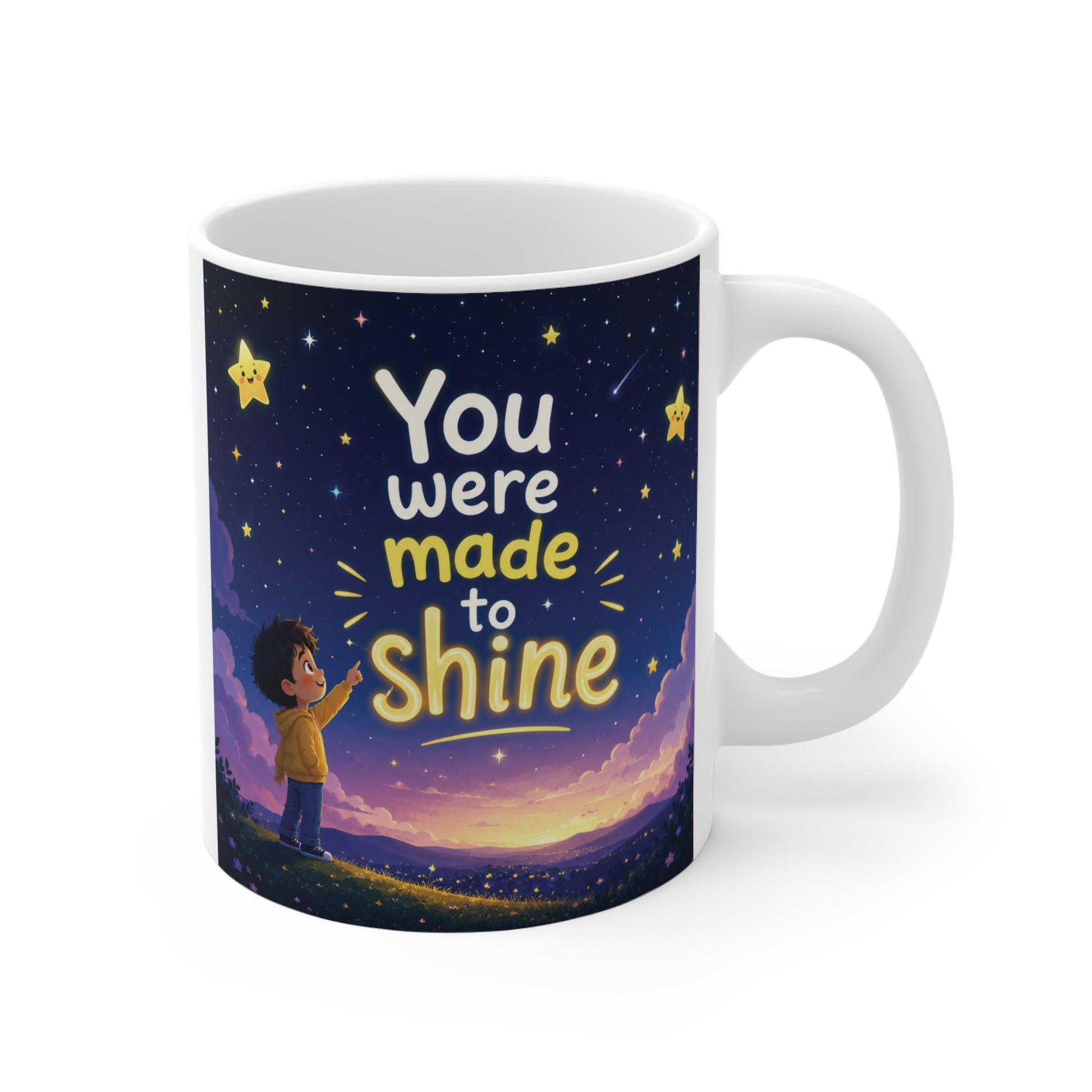 Inspirational “You Were Made to Shine” ceramic mug with starry night sky artwork